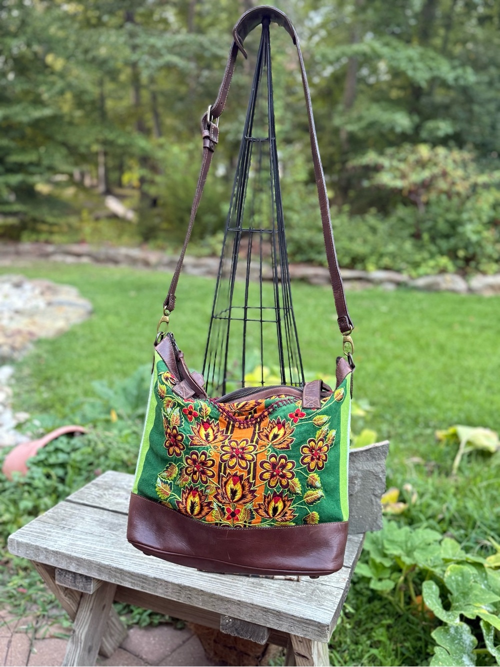 Green Floral Embroidered Shoulder Bag with Brown Trim